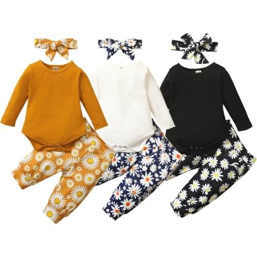 Newborn Baby Girls Suit Long Sleeves Rompers + Daisy Printing Casual Pants + Headband Spring Casual Set 0-2Years