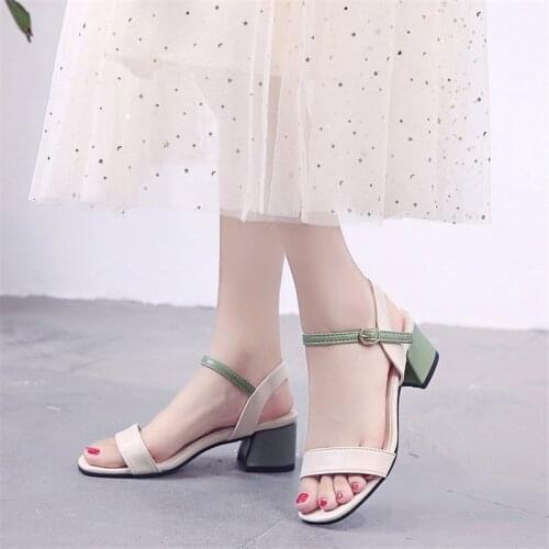 Leather High heels sandals women 2019 Summer shoes women Fashion Square heel sandals Concise Mixed Colors Casual female shoes