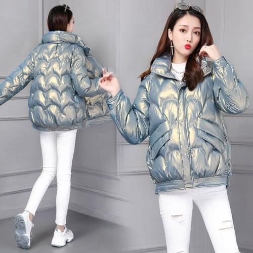2021 Winter Jackets Womens Shiny Loose Casual Short Parkas Woman Stand Collar Solid Cotton Padded Thick Coat Ladies