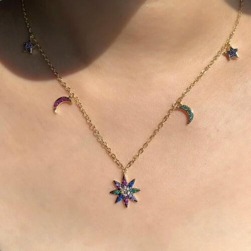 Moon Stars Shape Small Pendant Necklaces Pave Colorful Cubic Zirconia stone Gold Color Chain boho Women Fashion party Jewelry CZ