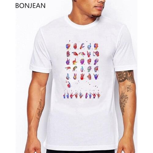 2019 Novelty design watercolor ASL sign language alphabet t-shirt men white o-neck tee shirt homme funny t shirts streetwear