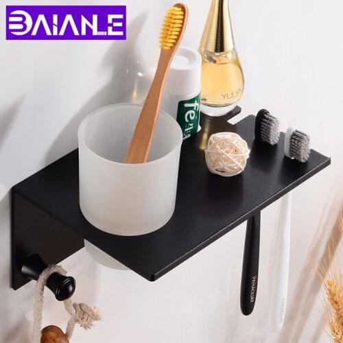 Black Toothbrush Holder Cup Space Aluminum Bathroom Accessories Toothbrush Holder Set Wall Mounted Bathroom Shelf Storage Rack