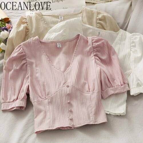 OCEANLOVE Chiffon Blouses Solid Sweet V Neck Thin Fashion 2021 Summer Short Sexy Blusas Mujer Korean Retro Shirts Elegant