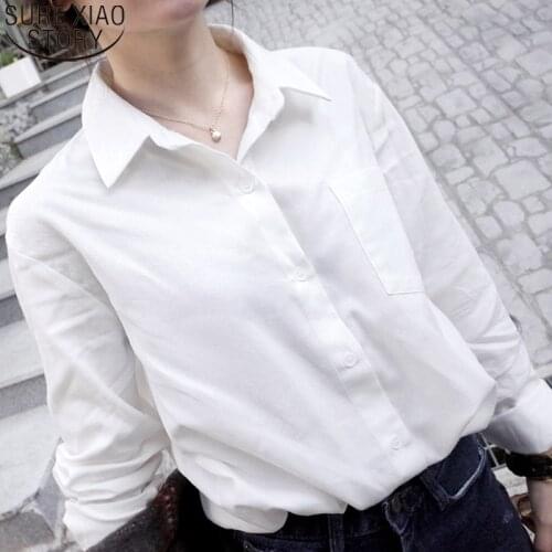 Solid Shirts Blouses Women Cotton White Blouse Plus Size Loose Casual Spring Autumn Single-breasted Long Sleeve Top Blusas 12651