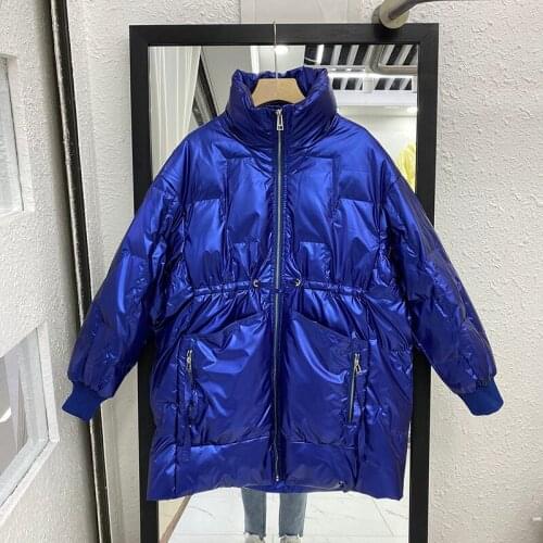 Autumn Stand Collar Thicken Glossy Puffer Jacket Women Winter 90% White Duck Down Outwear Female Casual Pocket Drawstring Parkas