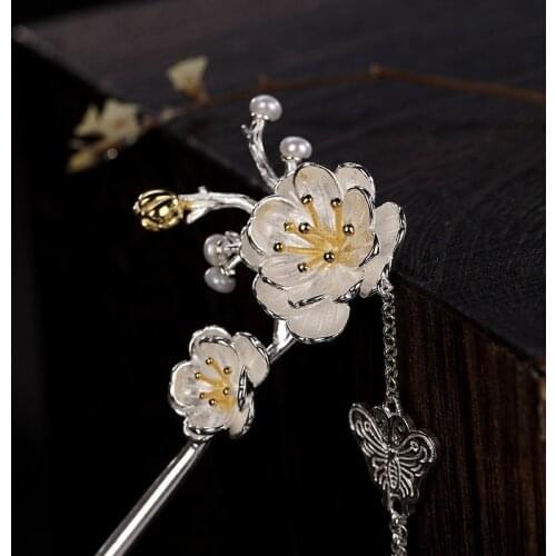 925 Sterling Silver Hair Sticks Women Pearl Peony Step Shake Flower Chinese Hanfu Hair Accessory Stick Tassel Fine Jewelry
