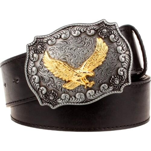 Mens leather belt golden Eagle buckle western style belts hawk men Cowboy gold cow Bull head belt womens gift