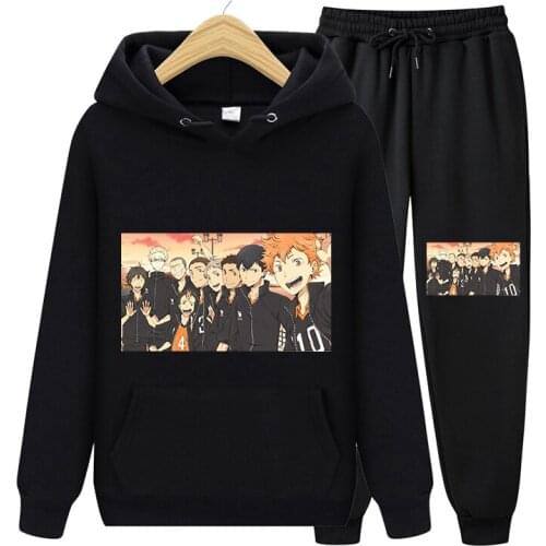 Japanese Anime Haikyuu Karasuno Fly High Print Hoodies Sweatshirts And Sweatpants Suit Comfortable Unisex Streetwear Mens Sets