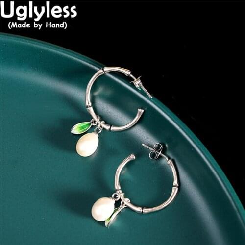 Uglyless Lovely Bamboo Ear Hoops for Women Natural Pearls Earrings Enamel Leaf Vintage Jewelry 925 Silver Eastern Beauty Brincos