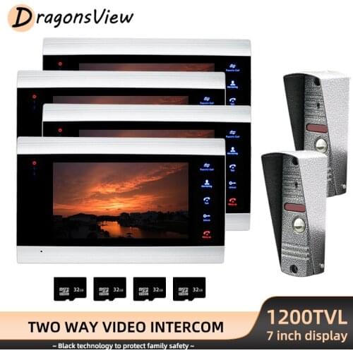Dragonsview Video Door Intercom System 7 Inch 1200TVL Wired Door Phone with Motion Detection 4 Indoor Monitors 2 Doorbell Camera