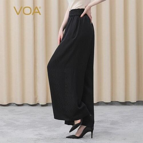 VOA Silk Mysterious Black Jacquard Rib Elastic Waist with Side Pocket Pleated Decorative Wide Leg Pants KE297