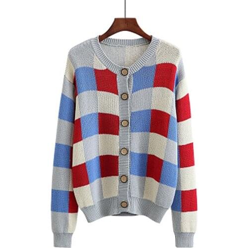 2018 Autumn New Fat mm Large Size Womens Sweet Contrast Color Round Neck Knit Cardigan Jacket Casual Fashion Sweater