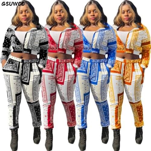 GSUWOO Women Bandana Print 2pcs BF Style Set Casual Long Sleeve Zip Coat Jacket Top Sweatpants Suit Outfit Joggers Tracksuit