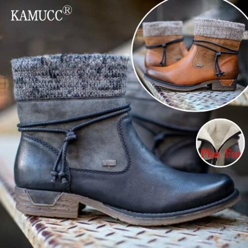 Women Boots 2020 Winter Warm Ankle Boots Vintage Lace Up Ladies Snow Boots Knitted Patchwork Zip Up Casual Boots Female Shoes