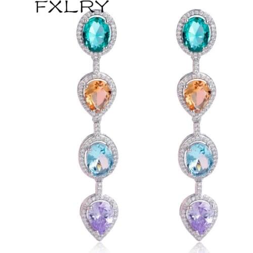 FXLRY Gorgeous Fashion Multicolor Cubic Zircon Crystal Dangling Long Water Drop Ear Line Earrings For Ladies Party Jewelry
