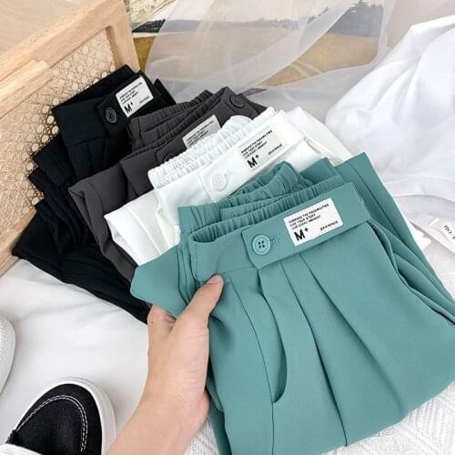 2021 Women Harem Pants Fashion Solid Color Streetwear Korean Treandy High Waist Loose Casual Ice Silk Straight-Leg Pants