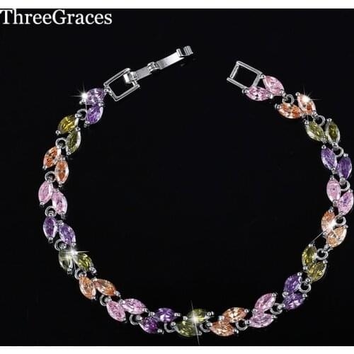 ThreeGraces Famous TG Brand Jewelry Leaf Shaped Mixed Green Purple Pink Cubic Zirconia Stone Tennis Bracelets For Women BR022