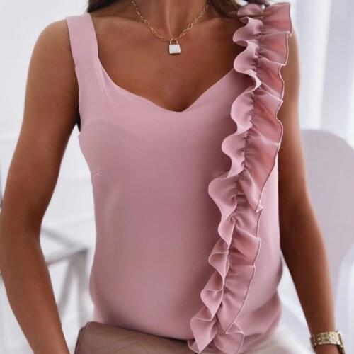 Women Tops Solid Ruffles Sling Backless Sleeveless V Neck Casual Fashion Sexy Tops 2021 Summer