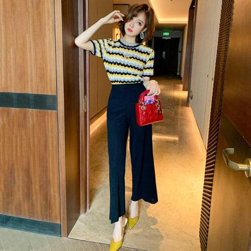 Ladies Spring/Summer 2021 New Ice Silk Wavy Striped Knit Short Sleeve Top High Waist Vertical Striped Wide Leg Pants Set