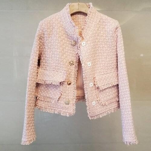 New Arrival Runway Spring High Quality Sweet Pink Beading Jacket Coat Elegant Womens Lovely Woolen Luxury Outwear
