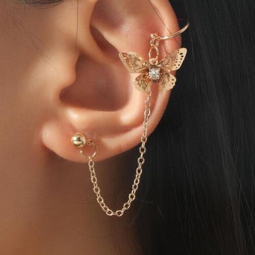 1Pc Butterflies Rhinestone Alloy Chain Tassel Piercing Ear Clip Earring Outdoor Sexy Party Elegant Dangle Earrings