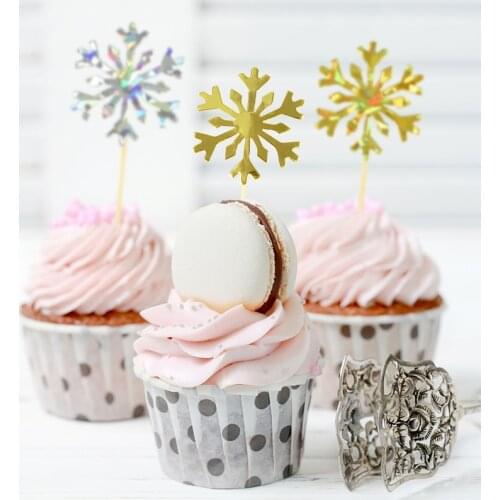 20pcs Snowflake Cake Toppers Birthday Cupcake Pick Gold Silver Cake Flags Christmas Decoration Wedding Party Supplies Snow Decor