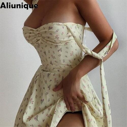 Aliunique New Floral Print Sleeveless Strap Midi Dresses for Women 2021 Sexy Fashion Club Party Backless Elegant Split Dress