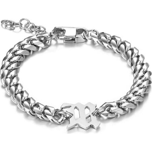 Stainless Steel Hip Hop Initial M Letter Miami Curb Cuban Link Chain Bracelet Jewelry Street Dance Gift For Men Women