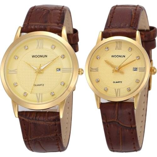 WOONUN Top Brand Luxury Gold Watches Lovers Leather Strap Rhinestone Quartz Couple Watch Set Fashion Couple Watches For Lovers