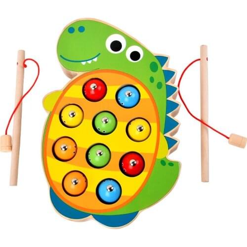 Wooden Cartoon Dinosaur Fishing Puzzle Development Training Hand-eye Coordination Fun Magnetic Fishing Childrens Toy