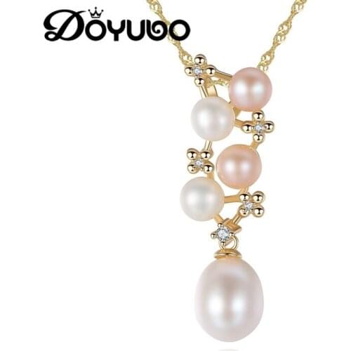 DOYUBO Luxury Womens Freshwater Drop Pearl Pendant Necklace Gold Color Real Sterling Silver Retangle Colorful Pearl Chain VA255