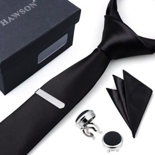 HAWSON Black Necktie Set with Pocket Square Tie Clip & Button Cover CuffLinks for Business Wedding, Mens Gift, Mens Accessory