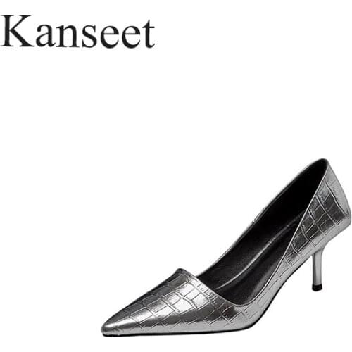 Kanseet Genuine Leather High Heel Women Shoes Fashion Lattice Office Ladies Pointed Toe Pumps Footwear Silver Black 43 Plus Size