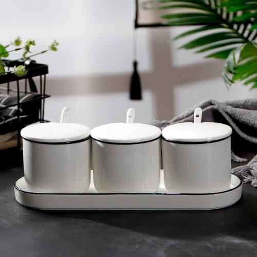 3PCS/Set Ceramic Seasoning Bottle Spice Jar Storage Box Salt And Pepper Jar Set Cruet Seasoning Rack Holder With Spoon Condiment
