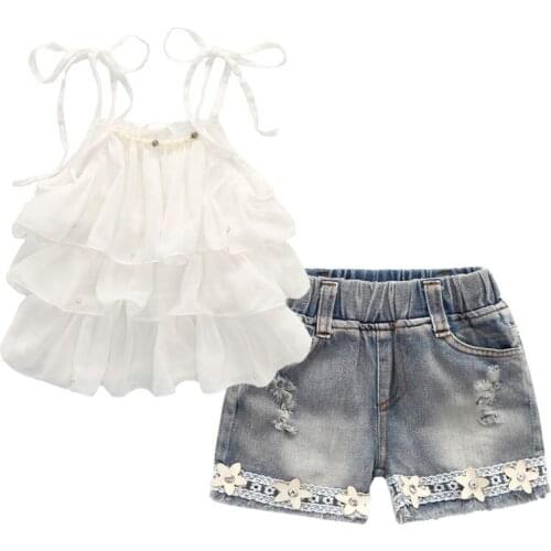 Girls daily Clothing Sets Summer Kids Clothes FashionRuffle bead Sling Short sleeve T-Shirt+ Hole Denim Shorts lovely Suit