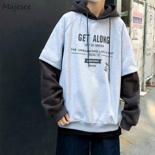 Men with Hat Sweatshirts Fake Two Pieces Patchwork Long Sleeve Plus Velvet Spring Autumn New Hoodies Handsome Chic Baggy Leisure