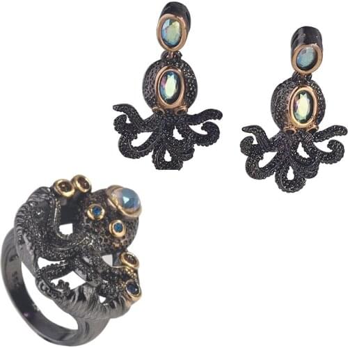 Creative retro black gold squid octopus round geometric jewelry ladies engagement wedding ring earrings set