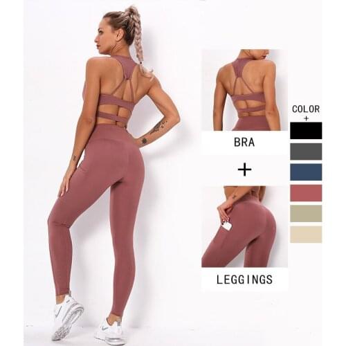 New Tracksuit Women High Quanlity Sexy Bra+High Waist Leggings With Pocket 2PCS Sets Fitness Workout Feminie Clothes