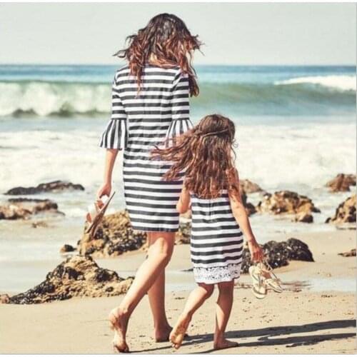 Family Matching Outfits Mother Daughter Dresses Summer Mommy and Me Clothes Beach Stripe Lace Family Look Swimsuit for 1-12Y
