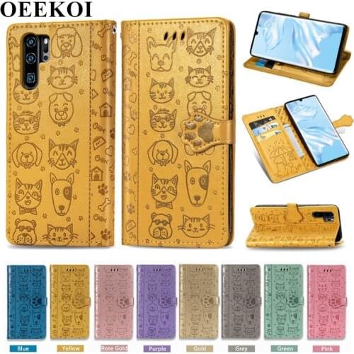 OEEKOI Cartoon Style Cat Dog Wallet Flip Cover Case for Huawei P30 Pro with Card Slot Holder
