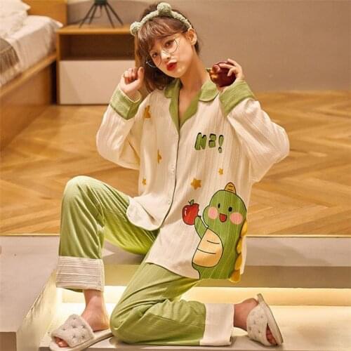 Womens Pajamas Set Spring Autumn 2 Pieces Long Sleeve Cute Dinosaur Pyjamas Anime Pijama Casual Home Clothes Femme Night Suits