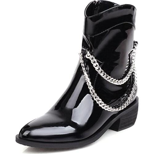Patent Leather Metal Chain Pointed Toe Trendy Short-Tube Womens Boots Thick Heel Bright Leather Noble Punk Ankle Boots Mirror