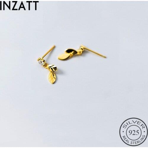 INZATT OL Real 925 Sterling Silver Leaf Zircon Dangle Drop Earrings Gold Color Fine Jewelry For Women Birthday Party Accessories