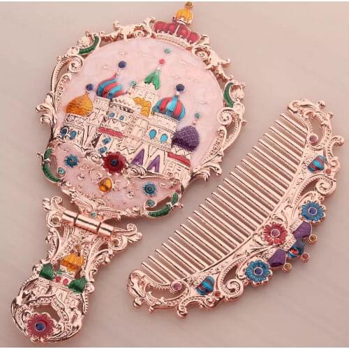 Vintage Carved Handheld Russia Style Mirror Makeup Mirror Comb Hand Mirror Makeup Vanity Cosmetic Compact Mirror for Women