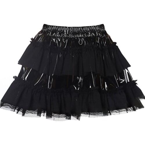 S-XXL New Sexy PVC patchwork Mesh Tutu Skirt Vinyl Wet Look Corset Skirts Pettiskirts Elastic Waist Petticoat Mini Ruffle Skirt