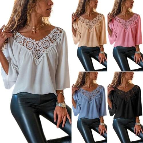 COLDKER Womens Spring and Summer Clothes Casual 3/4 Sleeve Chiffon Shirt Pure Color Loose Elegant Ladies Fashion tops