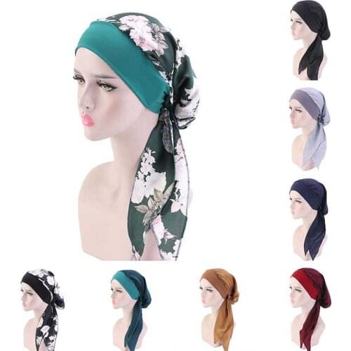 2021 Fashion Women Vintage Wide Band Elastic Cotton Night Sleeping Cap Printed Ladies Head Wrap Pre-Tied Ladies Turban