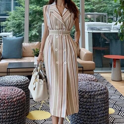 SHTONGHUA High Quality Women Double Breasted Dress Fashion Autumn Notched Patchwork stripe Dress Office Lady Pencil Dress