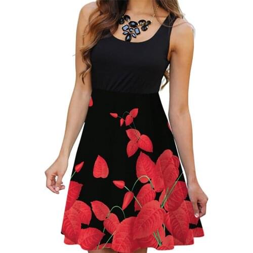 Summer Dress Women Floral 3D Printing Vest Style Sleeveless Round Neck Tight Waist 3D Printing Slim Sleeveless Tight Waist Dress