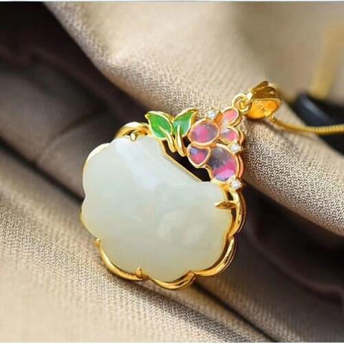 New silver inlaid natural Hetian white Chalcedony plant Pendant Necklace Chinese style retro court elegant charm lady jewelry
